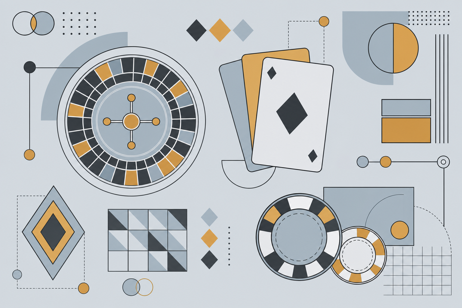 Abstract geometric game-symbol shapes in grey-blue and amber